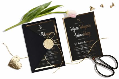 Zaproszenia ślubne – glamour czarne ze złotym ZSZ085